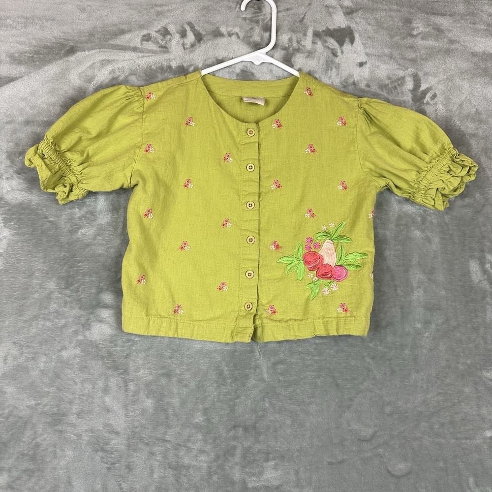 Utsa Kids by Westside Button Front Top Girls' 11/12 Lime Green Embroidered Fruit
